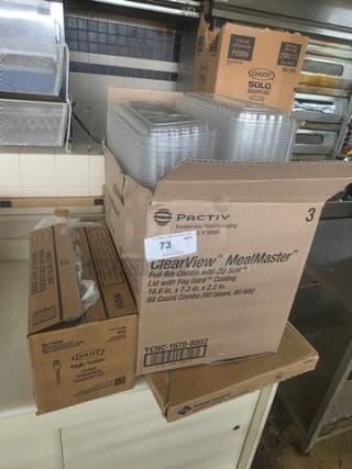 Lot of miscellaneous kitchenware including Pactiv "ClearView" MealMaster boxes and Dart containers. Items appear unused.