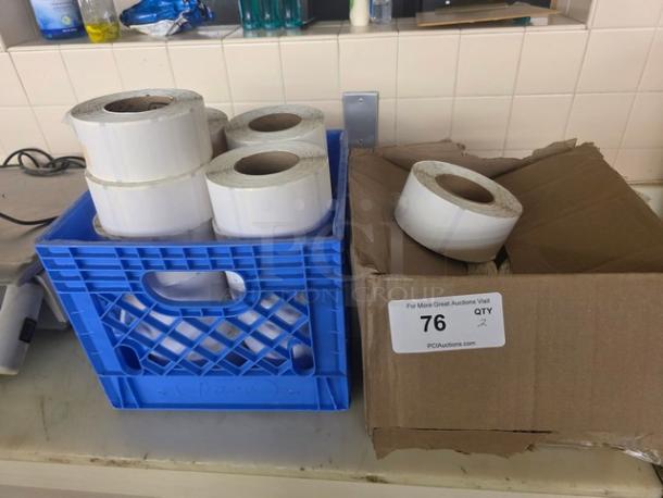 Two lots of Hobart stickers in rolls, stored in a blue crate and cardboard box. Auction label reads "76 QTY 2."