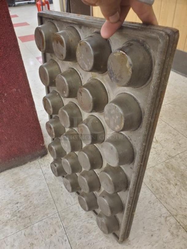 Lot of 3 vintage metal muffin baking pans, used condition with visible wear, holding 24 cups each.