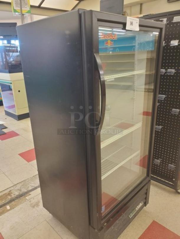 True GDM-10-HC~TSL01 glass door merchandiser, 24 7/8", one-section, black exterior, three adjustable shelves, used condition.