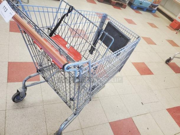 Lot of 5 metal shopping carts, used condition, sturdy wire construction, swivel wheels, basket seat. Tagged "113".