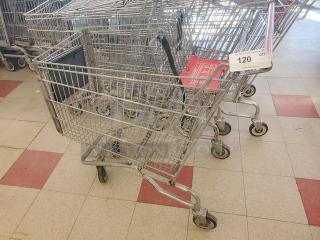 Lot of 5 metal shopping carts in used condition, featuring a wire frame design and swivel wheels. Item tag shows "120 QTY."