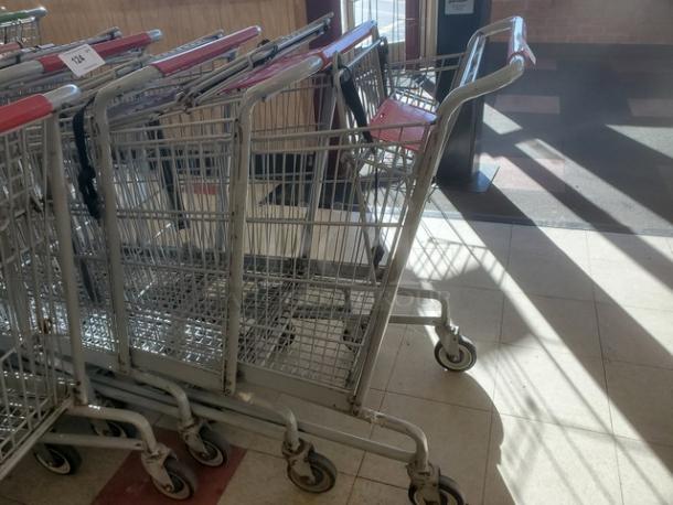 Lot of 3 metal shopping carts with red handles, in used condition. Ideal for retail purposes. Marked "3XBID".