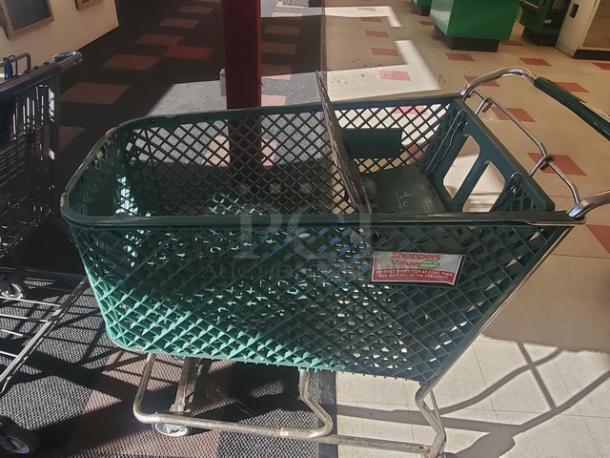 Lot of 3 green shopping carts, metal frames, plastic baskets, visible label reads "Shoppers Value." Used condition.