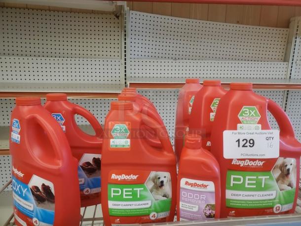 Lot of 16 Rug Doctor carpet cleaner and odor remover jugs. Includes Pet Deep Cleaner. New condition. Auction tag: 16XBID.