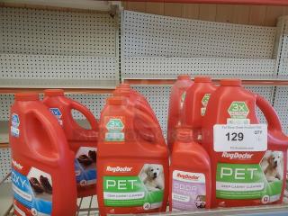 Lot of 16 Rug Doctor carpet cleaner and odor remover jugs. Includes Pet Deep Cleaner. New condition. Auction tag: 16XBID.