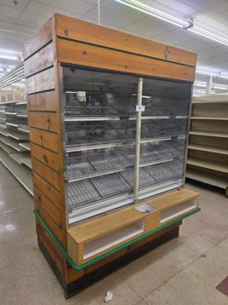 Wooden dry display case with multiple wire shelves, glass front, and a lower storage compartment. Good condition.