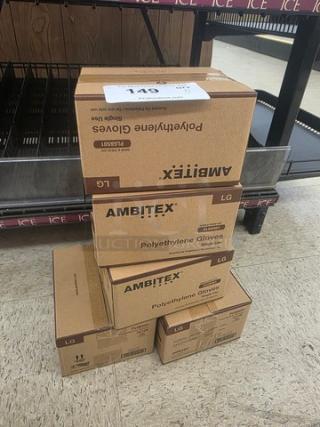 Lot of 5 boxes of AMBITEX LG polyethylene gloves, unopened. Each box marked LG for size. Ideal for various uses.