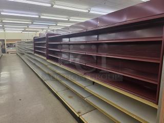 Double sided gondola shelving, 63' long. Burgundy color, multiple adjustable shelves. Buyer must remove. Good condition.
