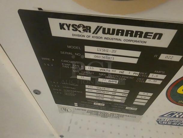 Kysor Warren 2 Door Low Temp Case, Model LV5H1-2U, serial number 060363871, used condition, label indicating specs.