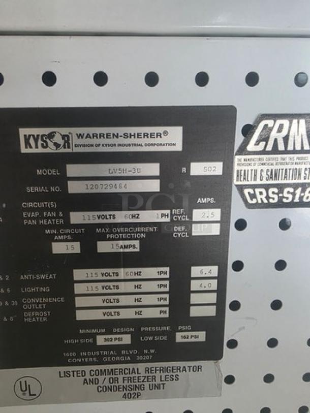 Kysor Warren LV5H-3U freezer label, model specifications, 115V, UL listed, serial 120729484, commercial use.