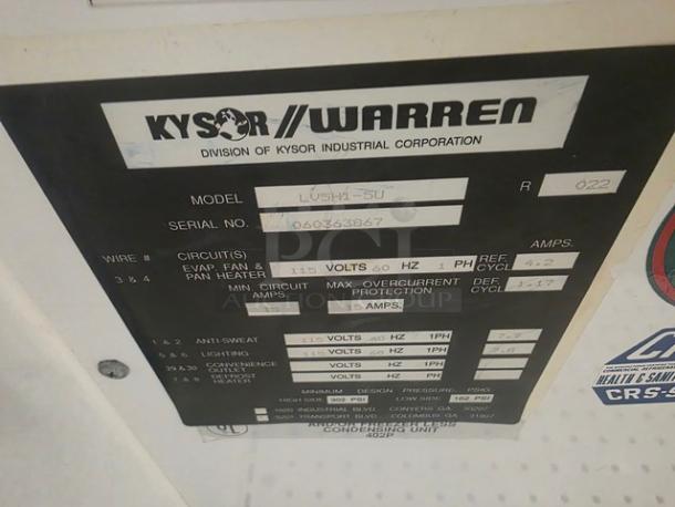 Kysor/Warren freezer display case model LV5H1-5U label, showing electrical specifications and serial number. No compressor included.