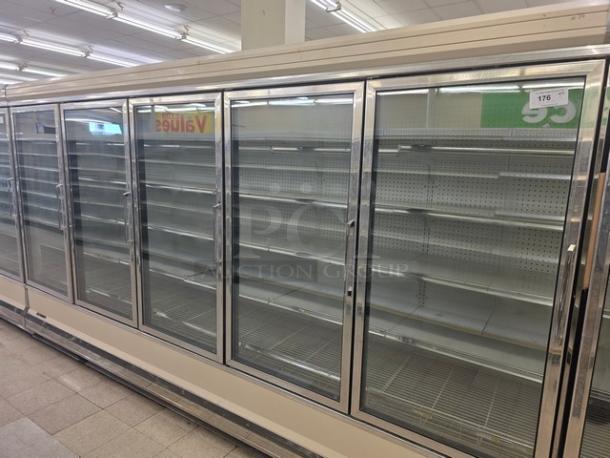 Kysor/Warren model LV5H1-5U freezer display case, no compressor, glass doors, sold by the door, needs removal.