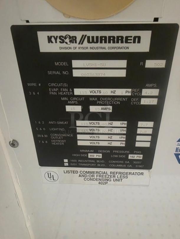 Kysor/Warren freezer display case model #LV5H1-5U label with specs. No compressor. Buyer removes and handles equipment.