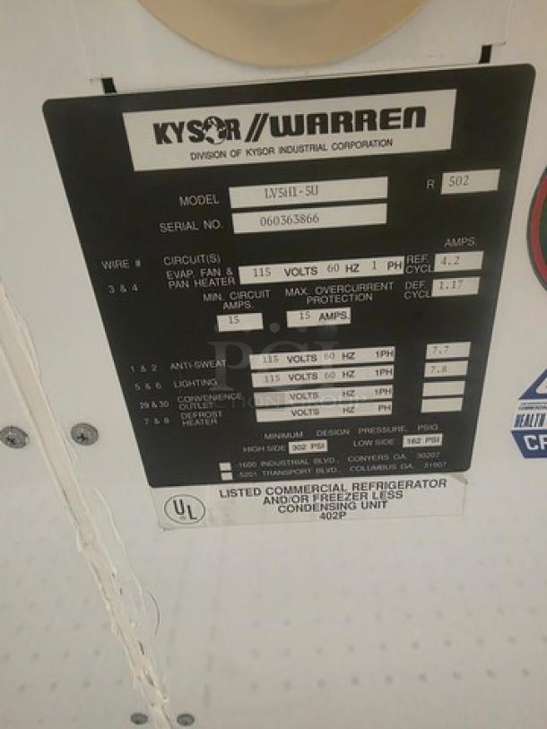 Kysor/Warren freezer display case model LV5H1-5U label, detailing electrical specifications and safety certifications.