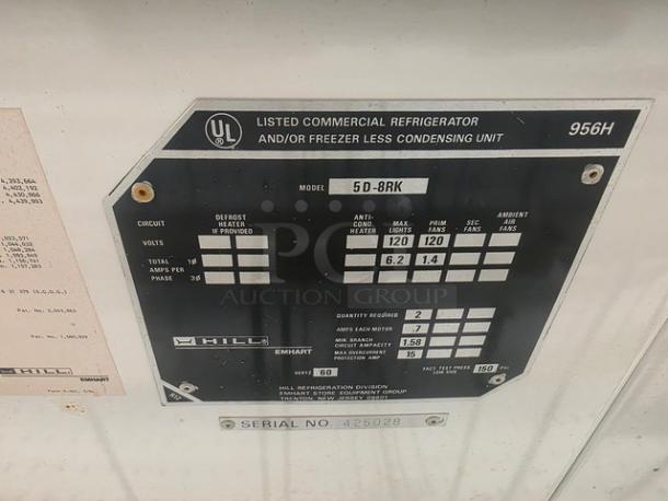 Hill Emhart Multi Deck Cases label showing model 5D-8RK specifications and UL listing; no compressor included.