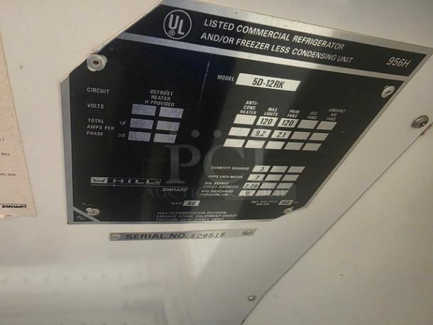 Hill Emhart Multi Deck Case label, Model 5D-12RK, serial number 429515, commercial refrigerator/freezer details.