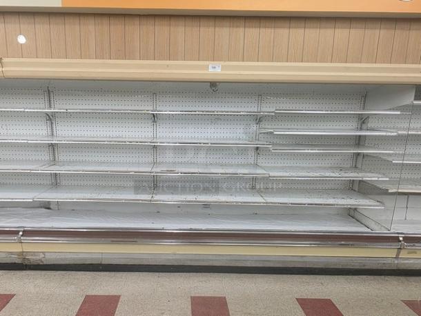 Hill Emhart multi deck cases, 76' total length, no compressor. Includes two 5D-8RK 8’ and five 5D-12RK 12' cases. Buyer removes.