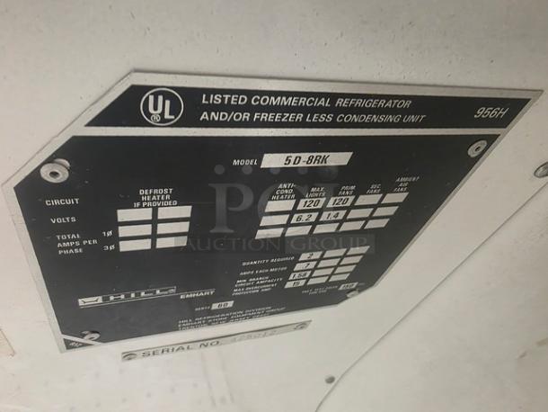 Hill Emhart multi deck case label, model 5D-8RK, indicating it's a commercial refrigerator without a compressor.