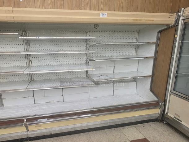 HILL Multi Deck Cases, no compressor. Includes two 8' and five 12' deck cases, 76' total. Buyer removes. Hill Emhart make.