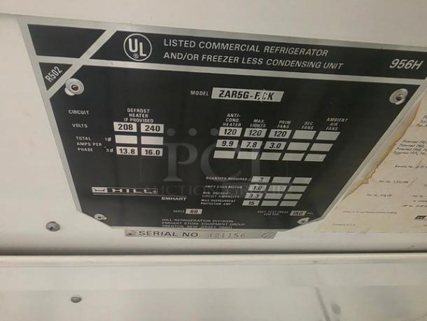 Hill ZAR5G-FCK frozen food door label showing model details; electric defrost, no compressor, UL listed, serial 421156.