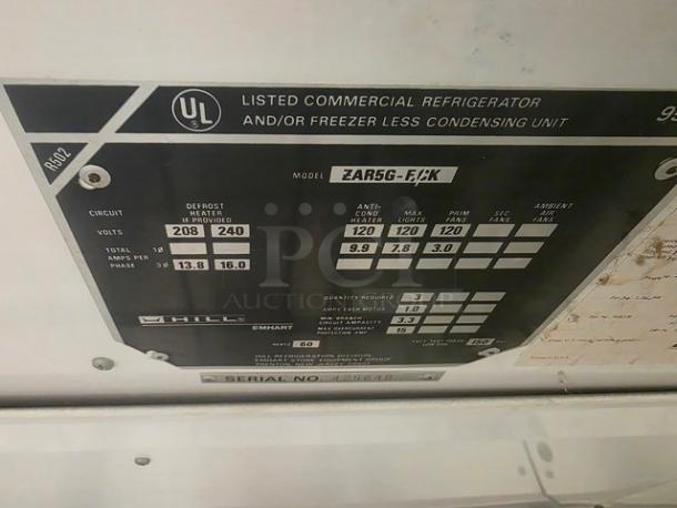 Hill ZAR5G-FCK label, detailing model specifications for commercial refrigerator/freezer, UL listed.