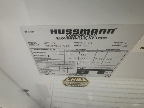 Hussmann Gel-5 Frozen Food Doors with Shelving. Model: Gel-5. No compressor. Includes health & sanitation standard sticker.