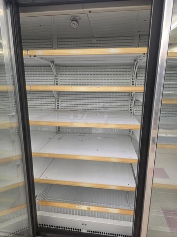 Hussmann Gel-5 frozen food door with shelving, no compressor included. Used condition, sold by the door.