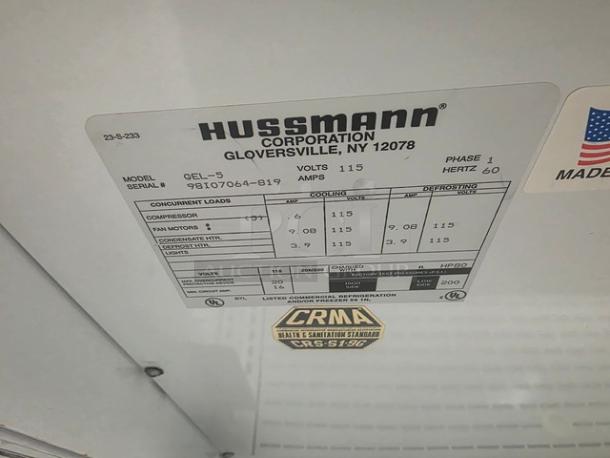 Hussmann Gel-5 frozen food door label with specifications, model and serial numbers. No compressor included.