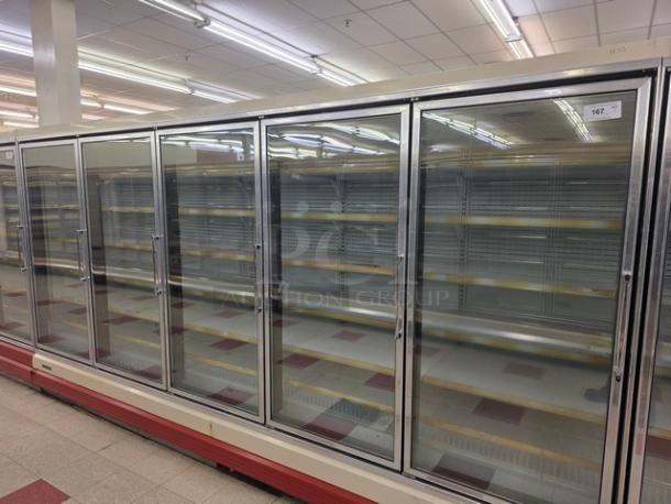 Hussmann Gel-5 frozen food doors with shelving, no compressor, sold per door. Includes 25 doors in total.