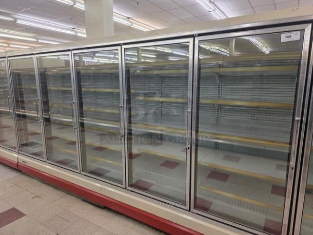 Hussmann Gel-5 Frozen Food Doors with shelving, no compressor, 25 units available, sold by the door, excellent condition.