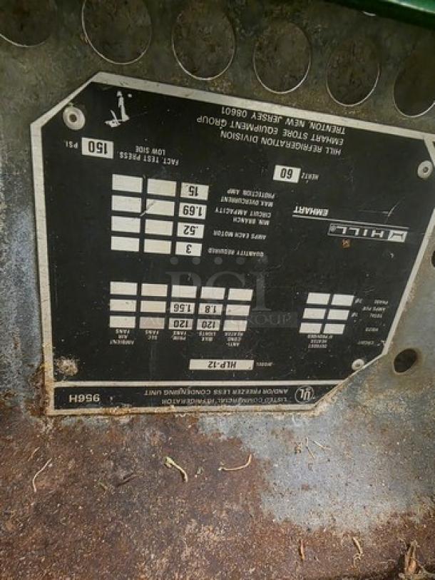 Hill Emhart HLP-12 label on metal surface, showing model data and pressure ratings.