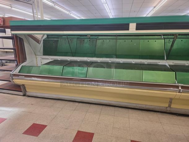 Hill Emhart HLP-12 36' produce section with green shelving, used condition, buyer responsible for removal.