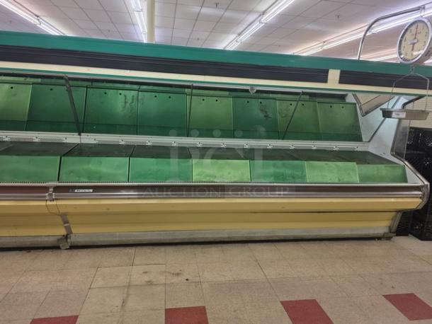 Hill Emhart HLP-12 36' produce section in used condition, metal and green panels, includes overhead scale.