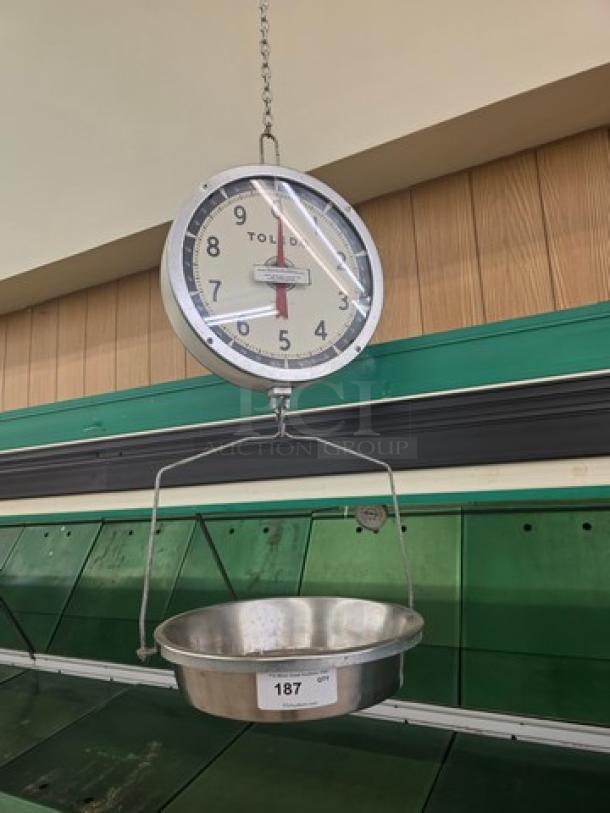 Toledo Model 2110 Commercial Hanging Scale, round dial, metal construction, attached weighing pan.