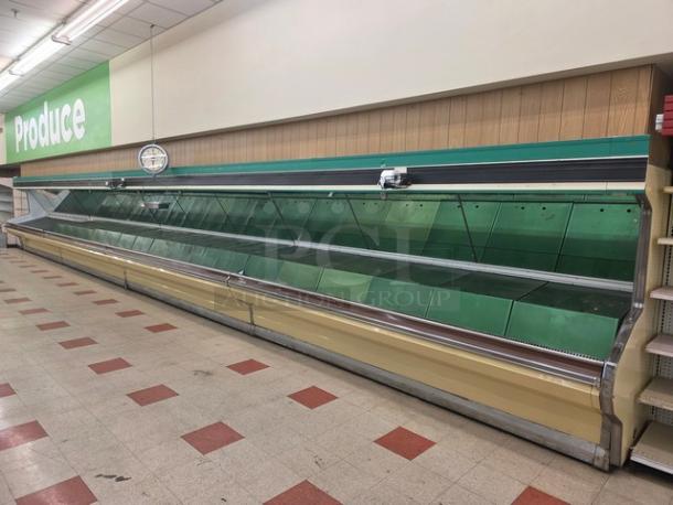 Hill Emhart HLP-12 48' produce section in fair condition. Features green panels and glass front. Removal tools required.