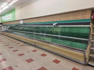 Hill Emhart HLP-12 48' produce section in fair condition. Features green panels and glass front. Removal tools required.