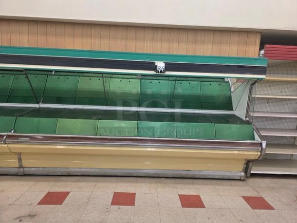 Hill Emhart HLP-12 48' produce section. Features green shelving, metal frame, and glass canopy. Used condition.