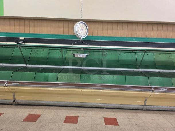 Hill Emhart HLP-12 48' produce section with scale, green interior, and beige exterior. Buyer handles removal.