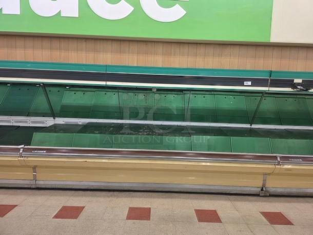 Hill Emhart HLP-12 48' produce display section with green shelving, beige bottom panel, and glass front. Good condition.