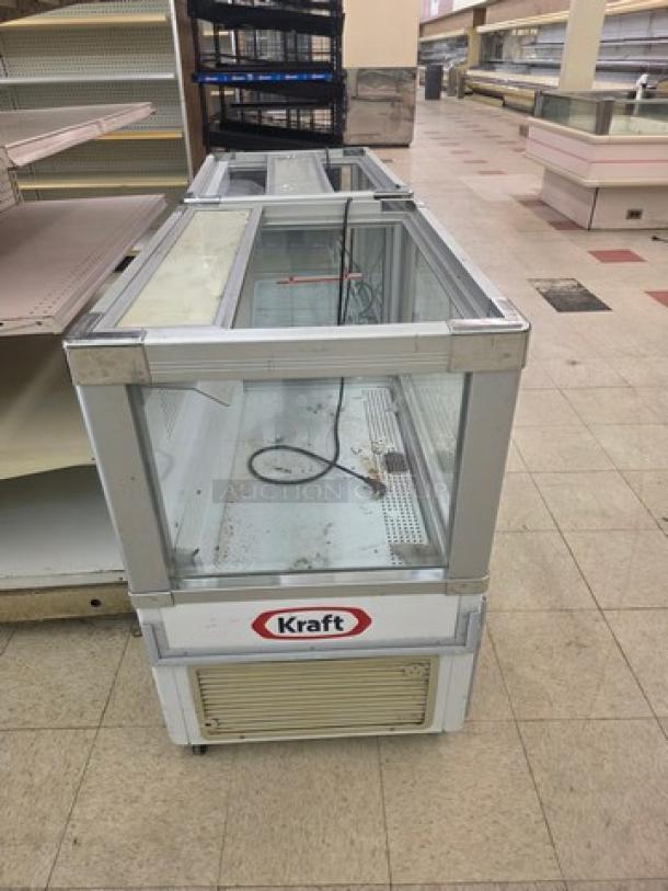 Lot of 2 Intertek SC-165W Refrigerated Grab-N-Go Coolers, glass front, visible power cord, Kraft branding, used condition.