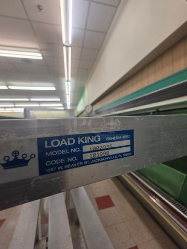 Load King aluminum mobile shelf cart, Model 1000365, Code 101996, used condition, blue label with Jacksonville address.