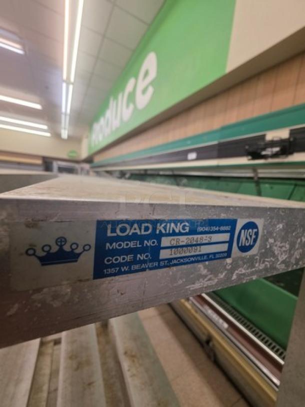 Aluminum Shelf Cart by Load King, Model CR-20848-3, NSF certified. Visible wear, sturdy design.