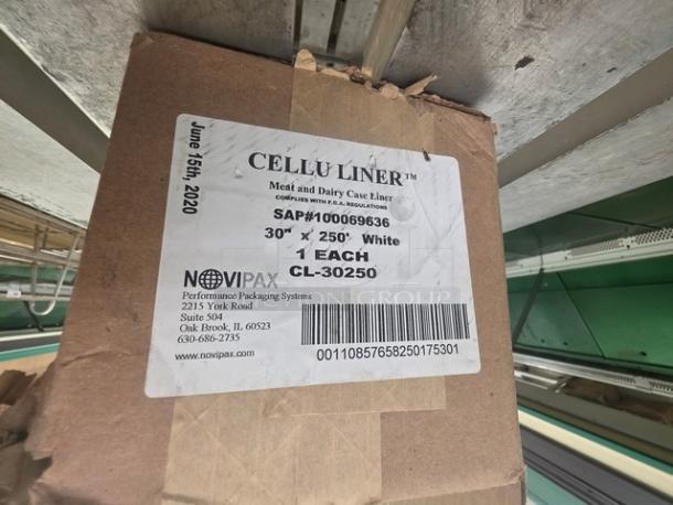 Box of Cellu Liner meat and dairy case liner, 30" x 250', white, model CL-30250. Tag indicates compliance with FDA regulations.