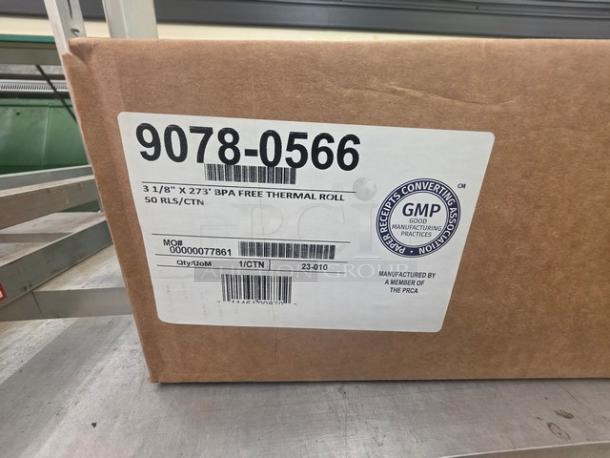 Box of thermal receipt paper rolls, 3 1/8" x 273', BPA-free, 50 rolls per carton. Markings show product and manufacturing details.