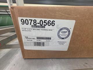 Box of thermal receipt paper rolls, 3 1/8" x 273', BPA-free, 50 rolls per carton. Markings show product and manufacturing details.