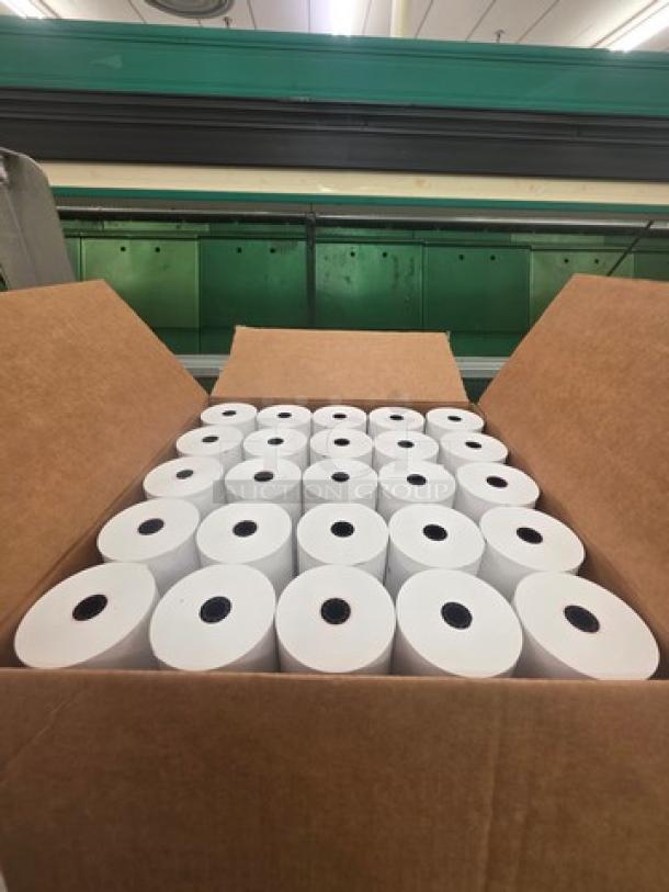 Box of thermal receipt paper rolls, new condition, 3 rows, white, suitable for cash registers and point-of-sale systems.