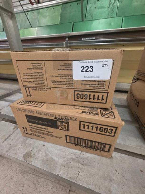 Two boxes of foaming lotion soap, labeled “1111603,” in sealed cartons, auction tag indicating quantity: 2.