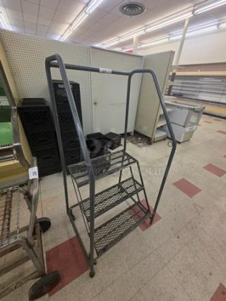 Cotterman rolling ladder, three steps, metal construction, sturdy rails, gray finish, excellent condition, ideal for warehouse use.