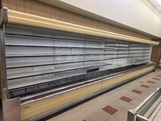 Hill Remote Dairy & Cheese Merchandising Cases, 28' total; two 8' and one 12', no compressor, shelves intact, yellow exterior.